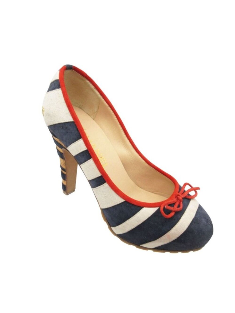 Chanel Pumps Ribbon Suede Platform Cork Sole Stripe CC Logo Shoes Navy
